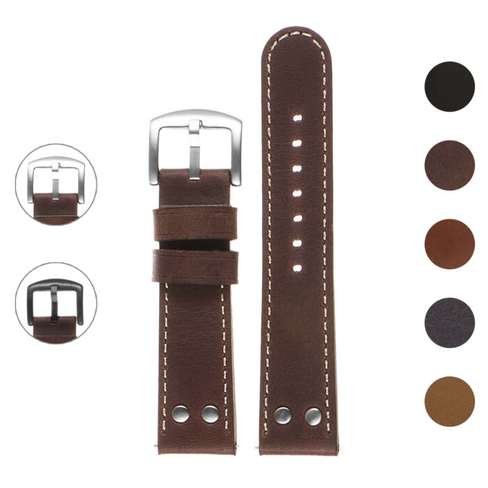 ds14.2 Gallery Brown DASSARI Vintage Leather Pilot Watch Band Strap with Silver Rivets